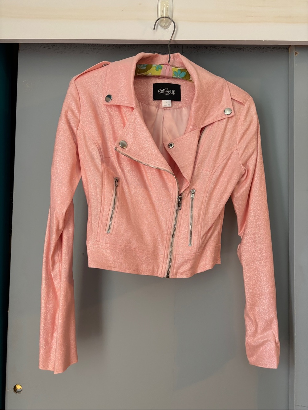 Collectif Adore Pink Glitter Cropped Moto Jacket